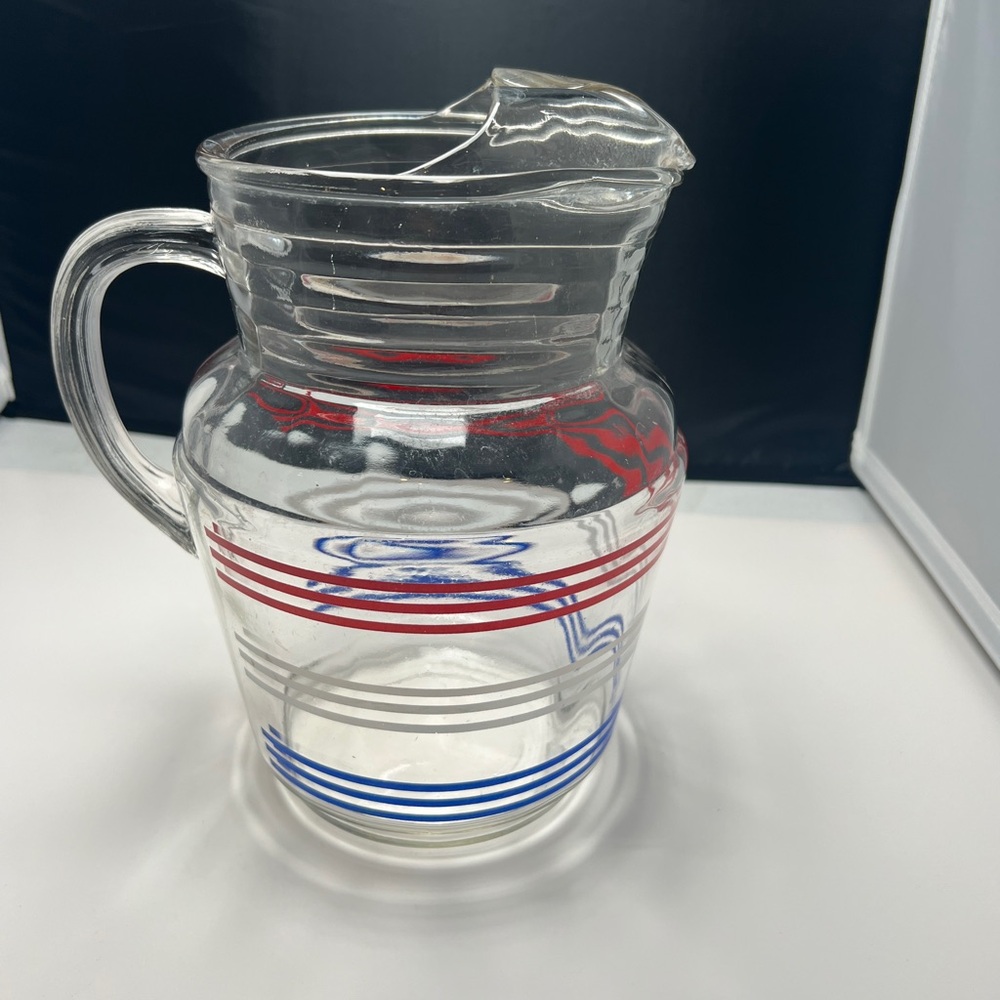 Vintage Anchor Hocking ~ Glass Pitcher with Red, White & Blue Stripes